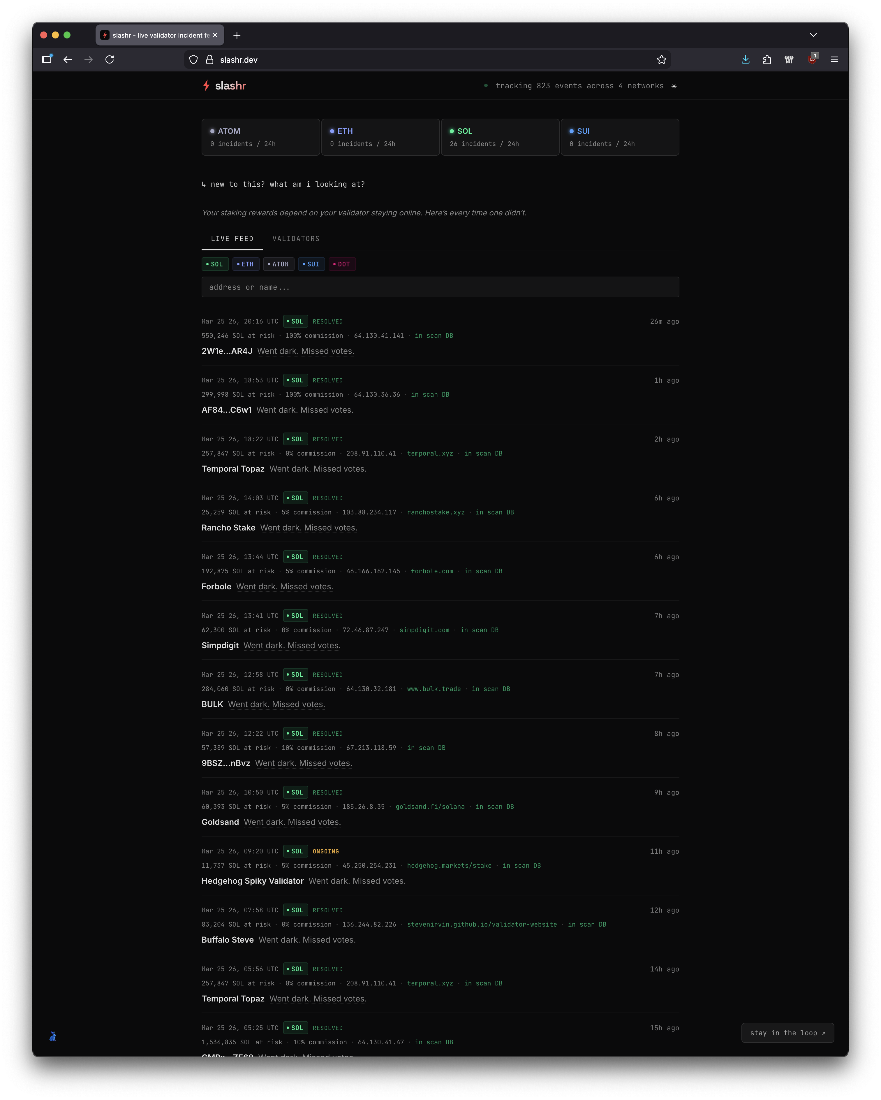 Slashr live incident feed showing validator events across Solana, Ethereum, Sui, and Cosmos